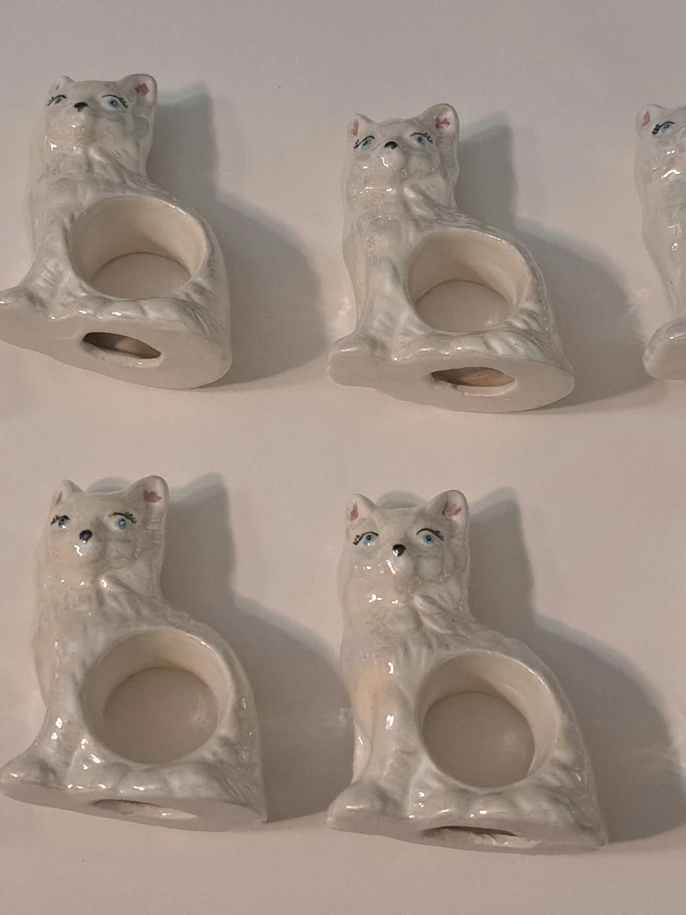 Set Of 8 Vintage  Porcelain Ceramic Cat Napkin Rings feature Iridescent Glaze